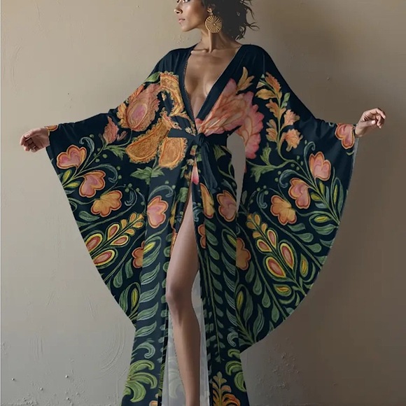 Dresses & Skirts - Bohemian Floral Kimono Maxi Dress - Black with Pink & Green